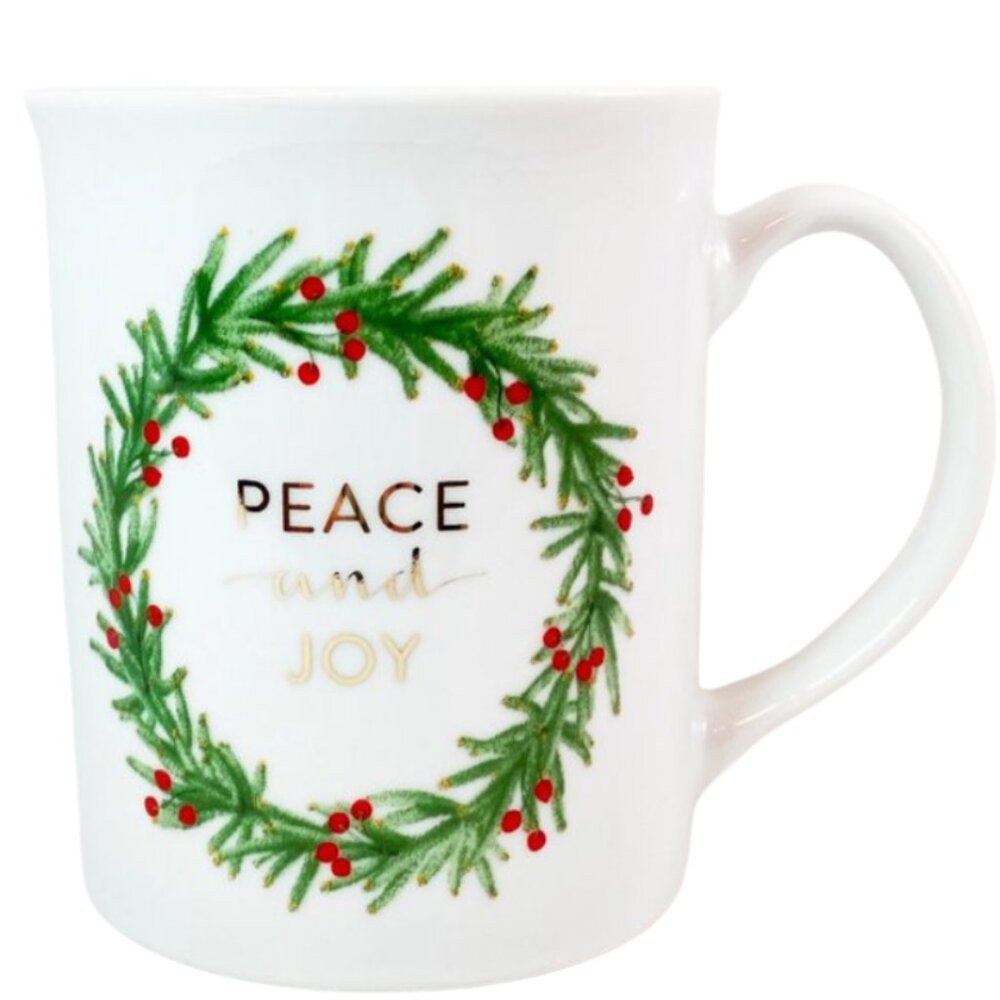 Peace and Joy Christmas Wreath Coffee Mug with Gold Letters * Holiday Tea Cup